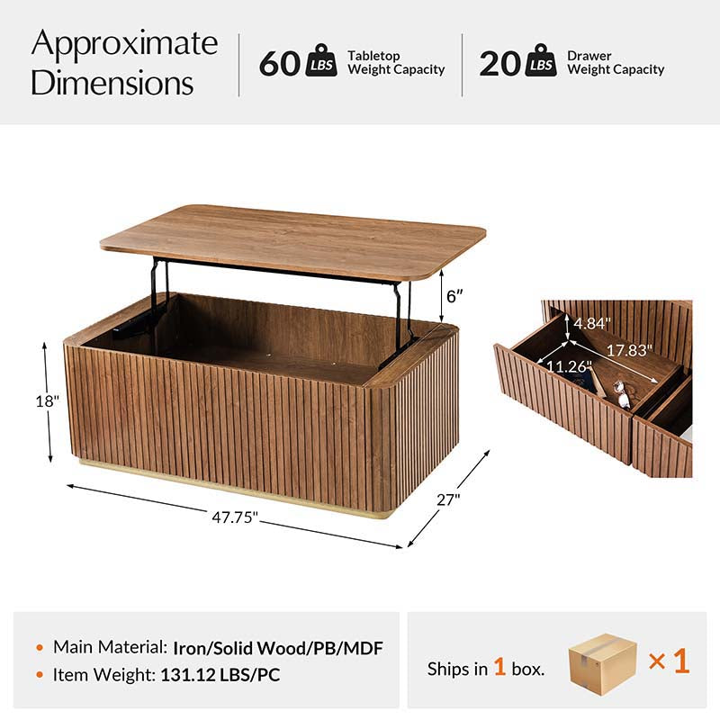Multifunctional Slatted Design Lift-Top Coffee Table with Hidden Storage and Drawers
