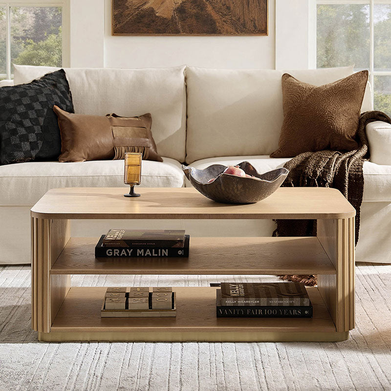 Esteban Modern Fluted Wood Coffee Table with Metal Base