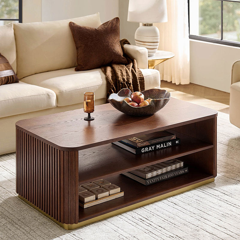 Esteban Modern Fluted Wood Coffee Table with Metal Base