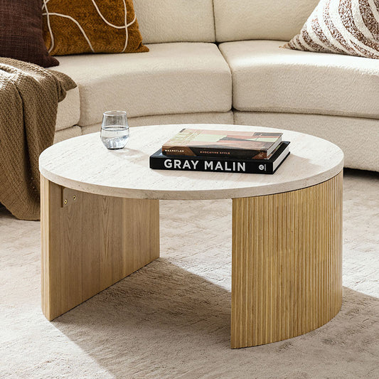 Telmo Modern Travertine Coffee Table with Fluted Wood Legs