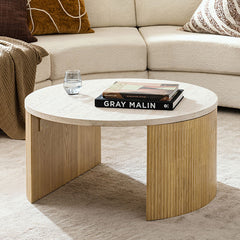 Telmo Modern Travertine Coffee Table with Fluted Wood Legs