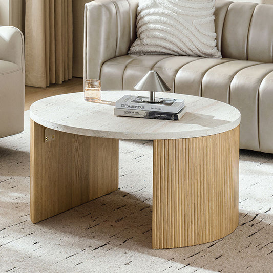 Telmo Modern Travertine Coffee Table with Fluted Wood Legs