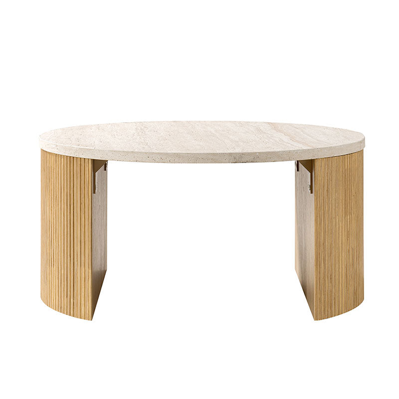 Telmo Modern Travertine Coffee Table with Fluted Wood Legs