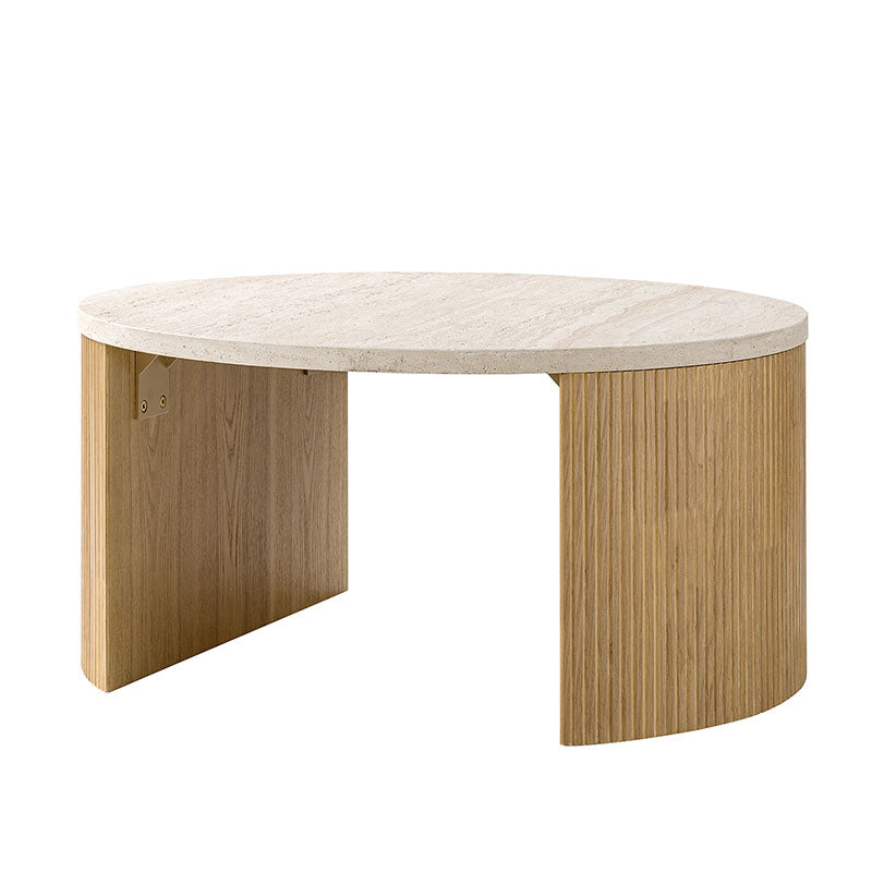 Telmo Modern Travertine Coffee Table with Fluted Wood Legs