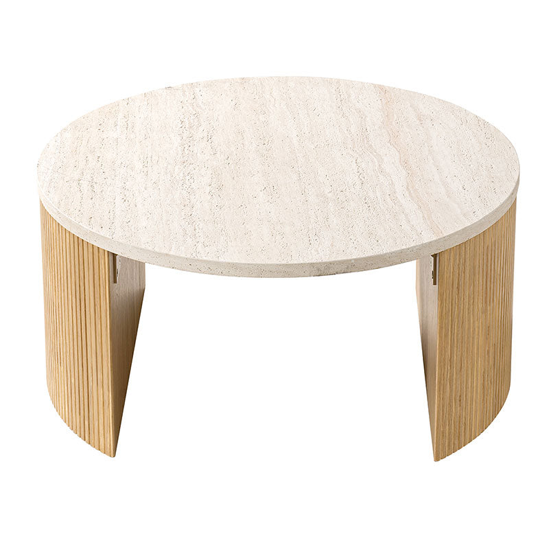 Telmo Modern Travertine Coffee Table with Fluted Wood Legs