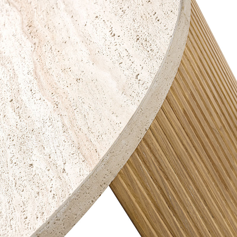 Telmo Modern Travertine Coffee Table with Fluted Wood Legs