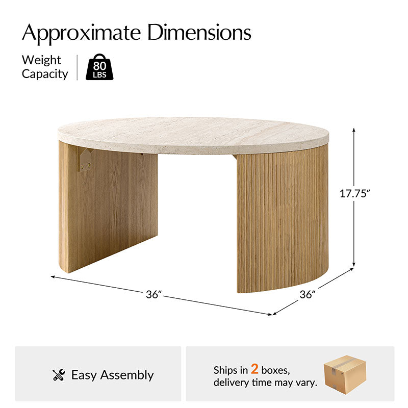 Telmo Modern Travertine Coffee Table with Fluted Wood Legs