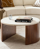 Telmo Modern Travertine Coffee Table with Fluted Wood Legs