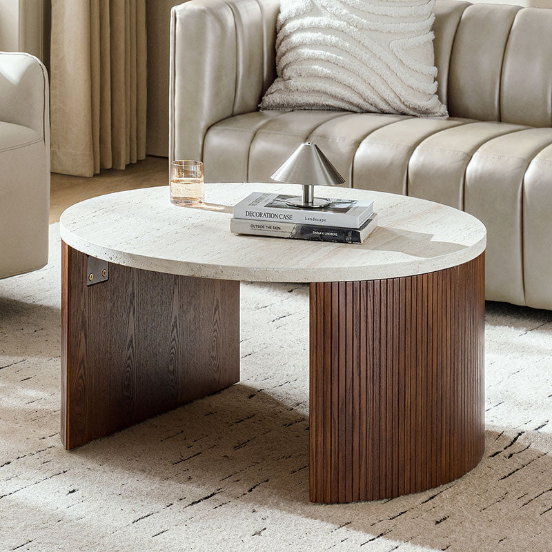 Telmo Modern Travertine Coffee Table with Fluted Wood Legs