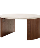 Telmo Modern Travertine Coffee Table with Fluted Wood Legs