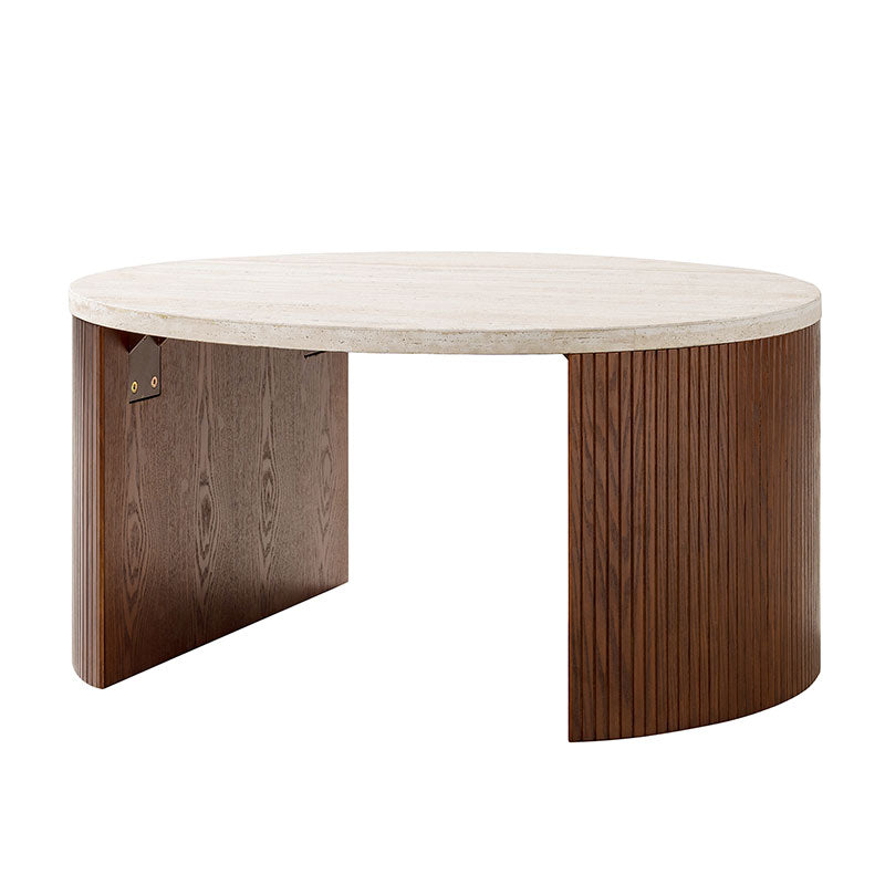Telmo Modern Travertine Coffee Table with Fluted Wood Legs