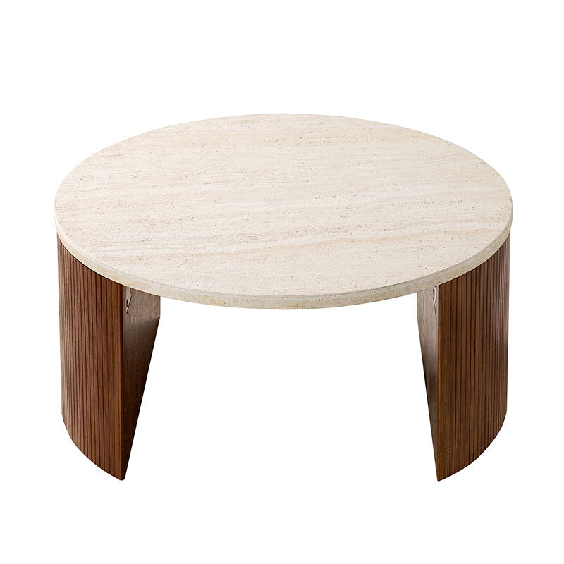 Telmo Modern Travertine Coffee Table with Fluted Wood Legs