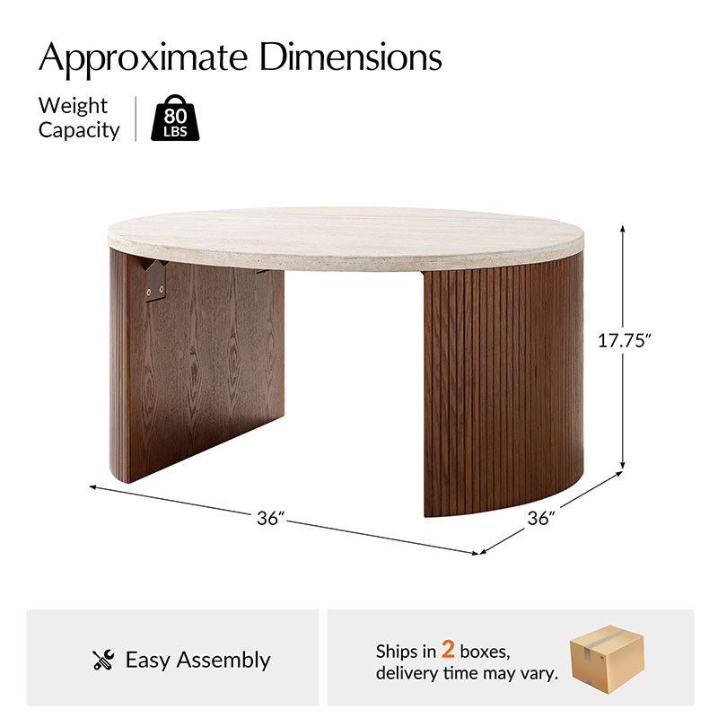 Telmo Modern Travertine Coffee Table with Fluted Wood Legs