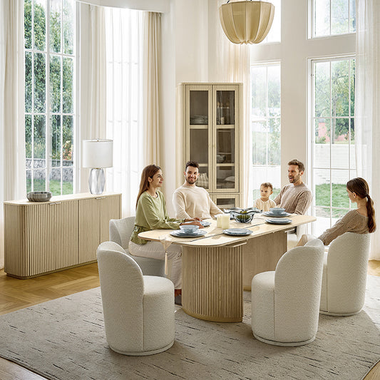 Tomas 8-Piece Modern Extendable Dining Set with Storage Buffet & Swivel Chairs