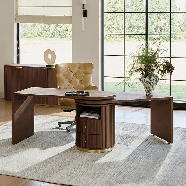 Modern Fluted L shaped  360 Rotating Wooden Office Desk