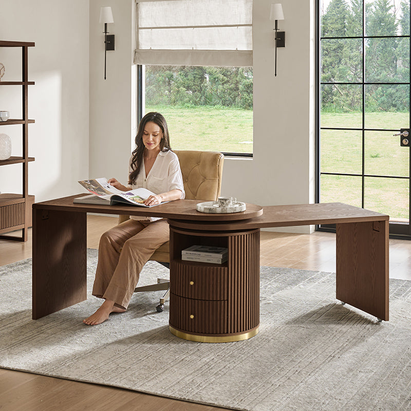 Modern Fluted L shaped  360 Rotating Wooden Office Desk