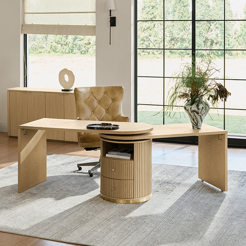 Modern Fluted L shaped  360 Rotating Wooden Office Desk