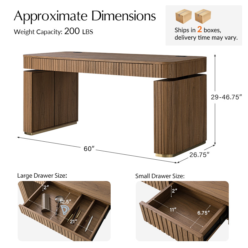 Alina Fluted Design Electric Height-Adjustable Desk with Drawers