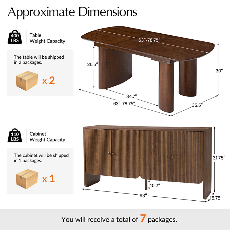 Josefina 8-Piece Modern Extendable Dining Table Set with Upholstered Chairs and Sideboard