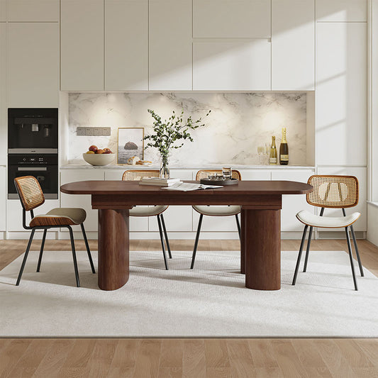 7-Piece Modern Space Saving Dining Table with Mid-Century Rattan Chairs Set