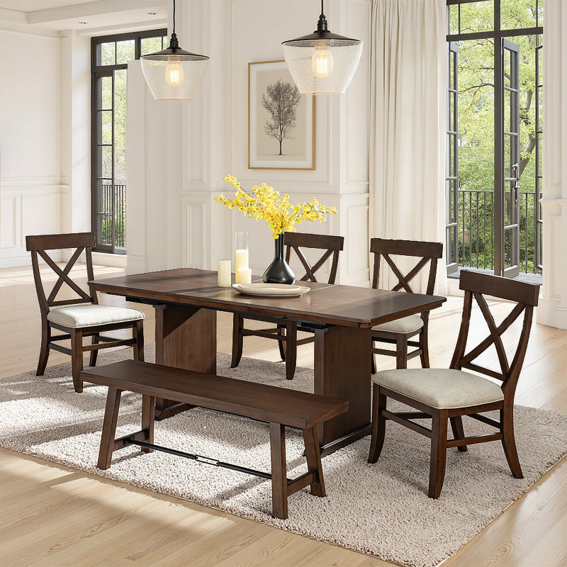 Casandra 6-Piece Transitional Multifunctional Extendable Dining Sets with Cross-Back Chairs and Solid Wood Bench