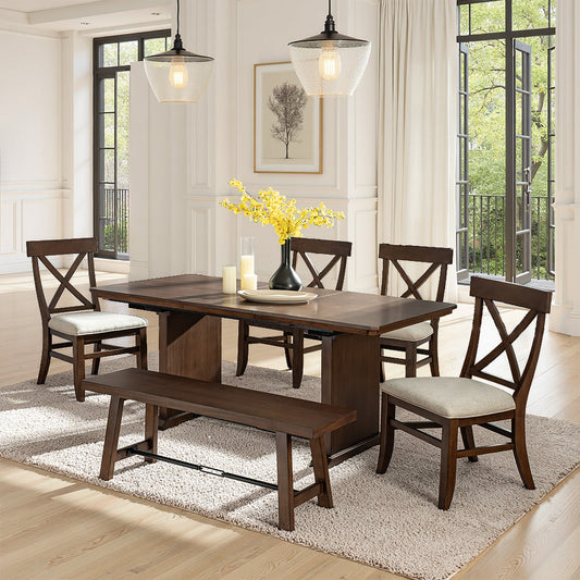 Casandra 6-Piece Transitional Multifunctional Extendable Dining Sets with Cross-Back Chairs and Solid Wood Bench