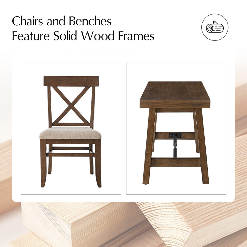 Casandra 6-Piece Transitional Multifunctional Extendable Dining Sets with Cross-Back Chairs and Solid Wood Bench