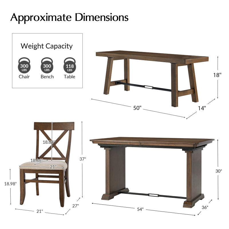 Casandra 6-Piece Transitional Multifunctional Extendable Dining Sets with Cross-Back Chairs and Solid Wood Bench