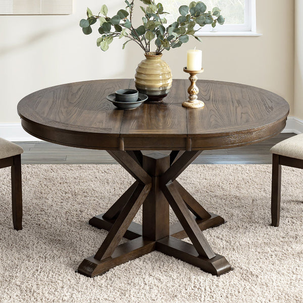 Gabriela Transitional Solid Wood Round Extension Dining Table with Hidden Leaf