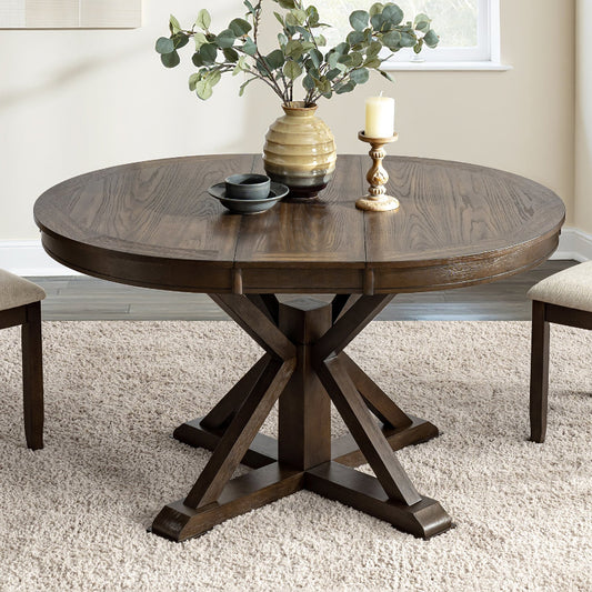 Gabriela Transitional Solid Wood Round Extension Dining Table with Hidden Leaf