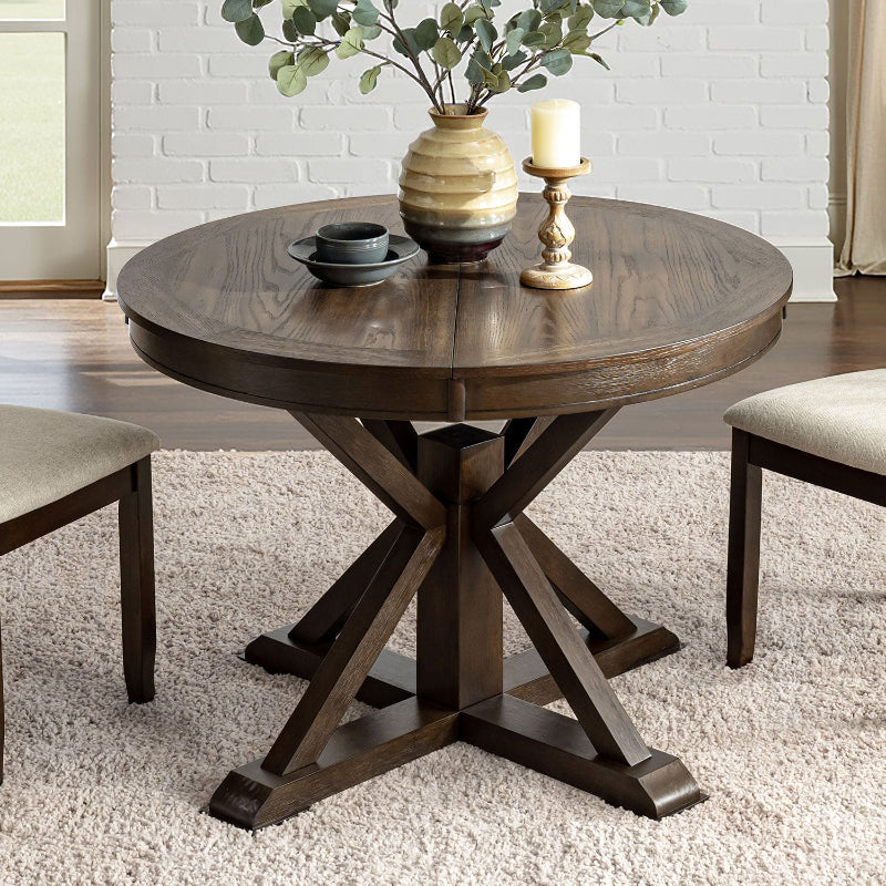 Gabriela Transitional Solid Wood Round Extension Dining Table with Hidden Leaf