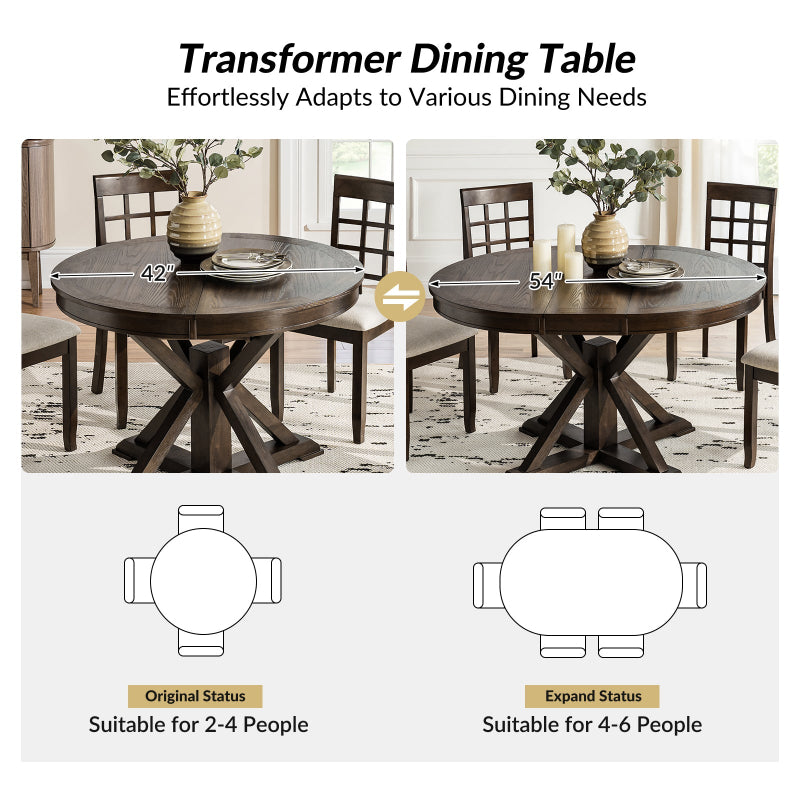 Gabriela Transitional Solid Wood Round Extension Dining Table with Hidden Leaf