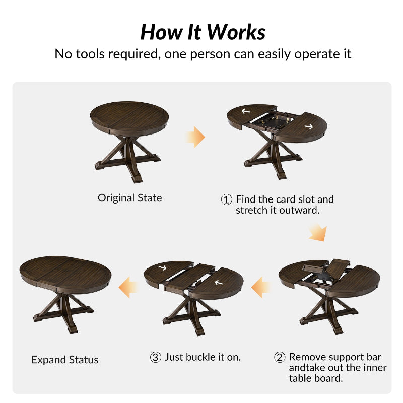 Gabriela Transitional Solid Wood Round Extension Dining Table with Hidden Leaf