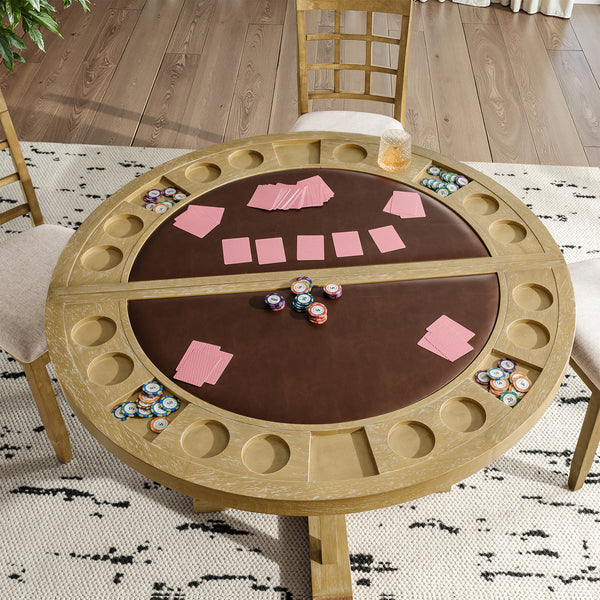 6-Piece 42“ Solid Wood Dual-Purpose Game & Dining Table with Drink Holders