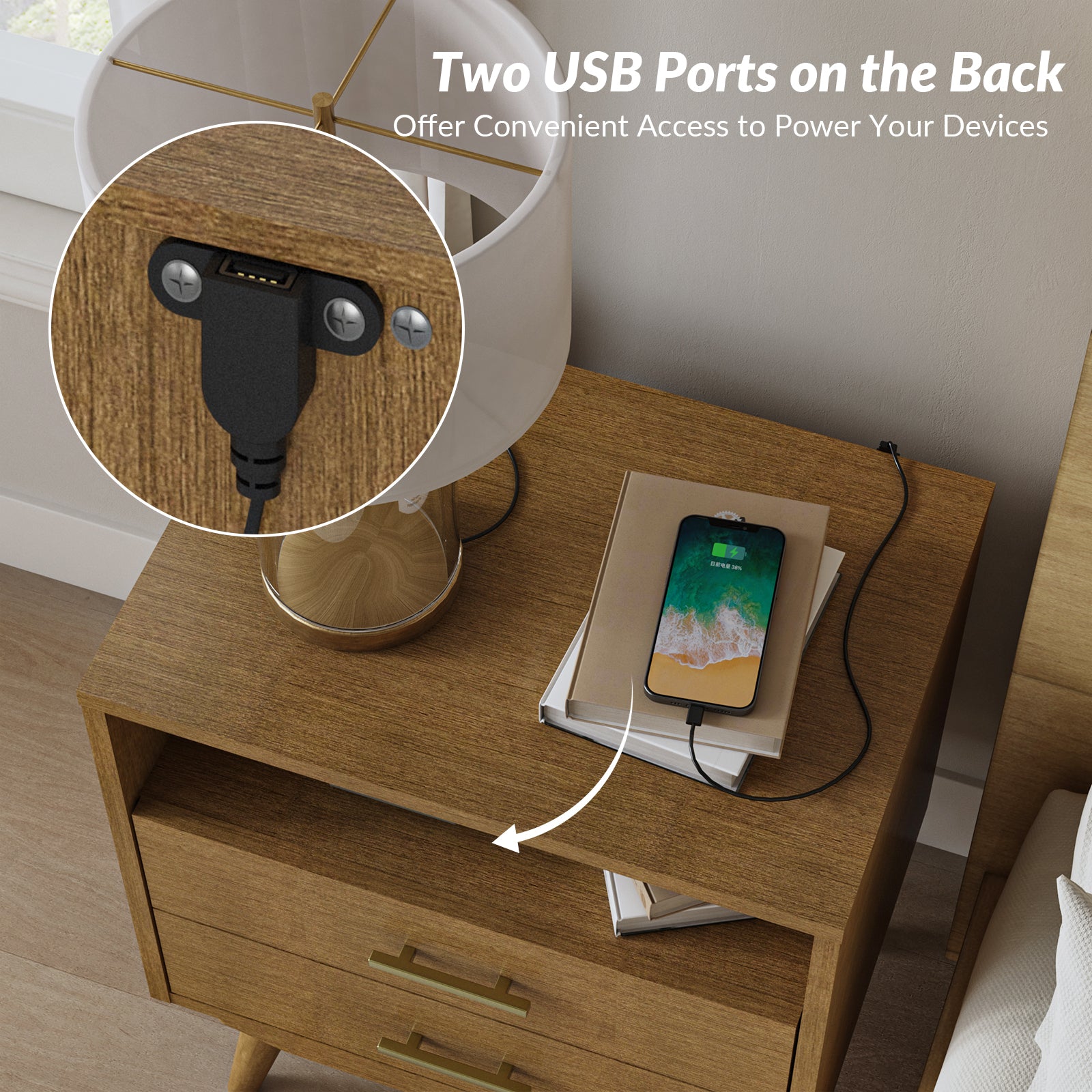 Hector Nightstand with Two USB Ports on the Back