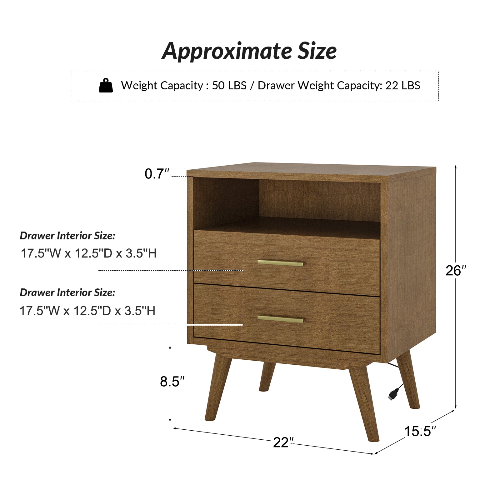 Hector Nightstand with Two USB Ports on the Back