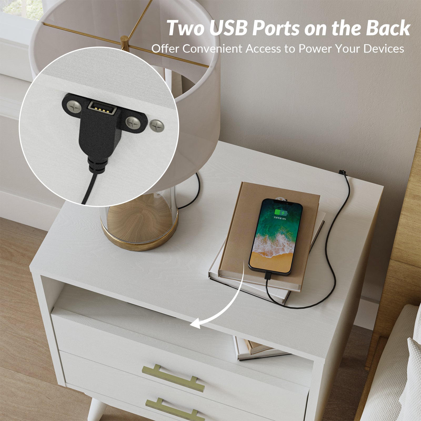 Hector Nightstand with Two USB Ports on the Back