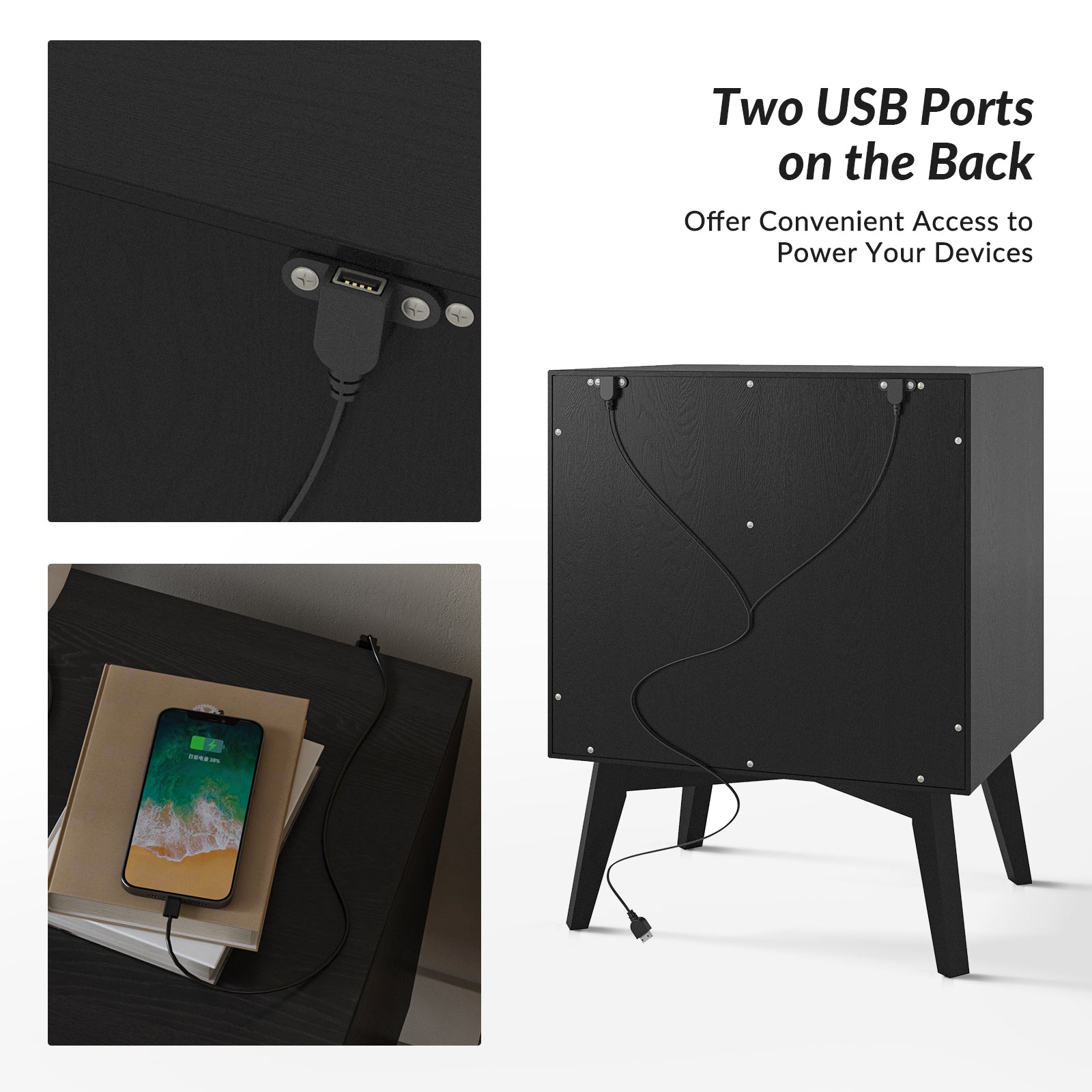 Jacinto Modern Nightstand with Two USB Ports on the Back