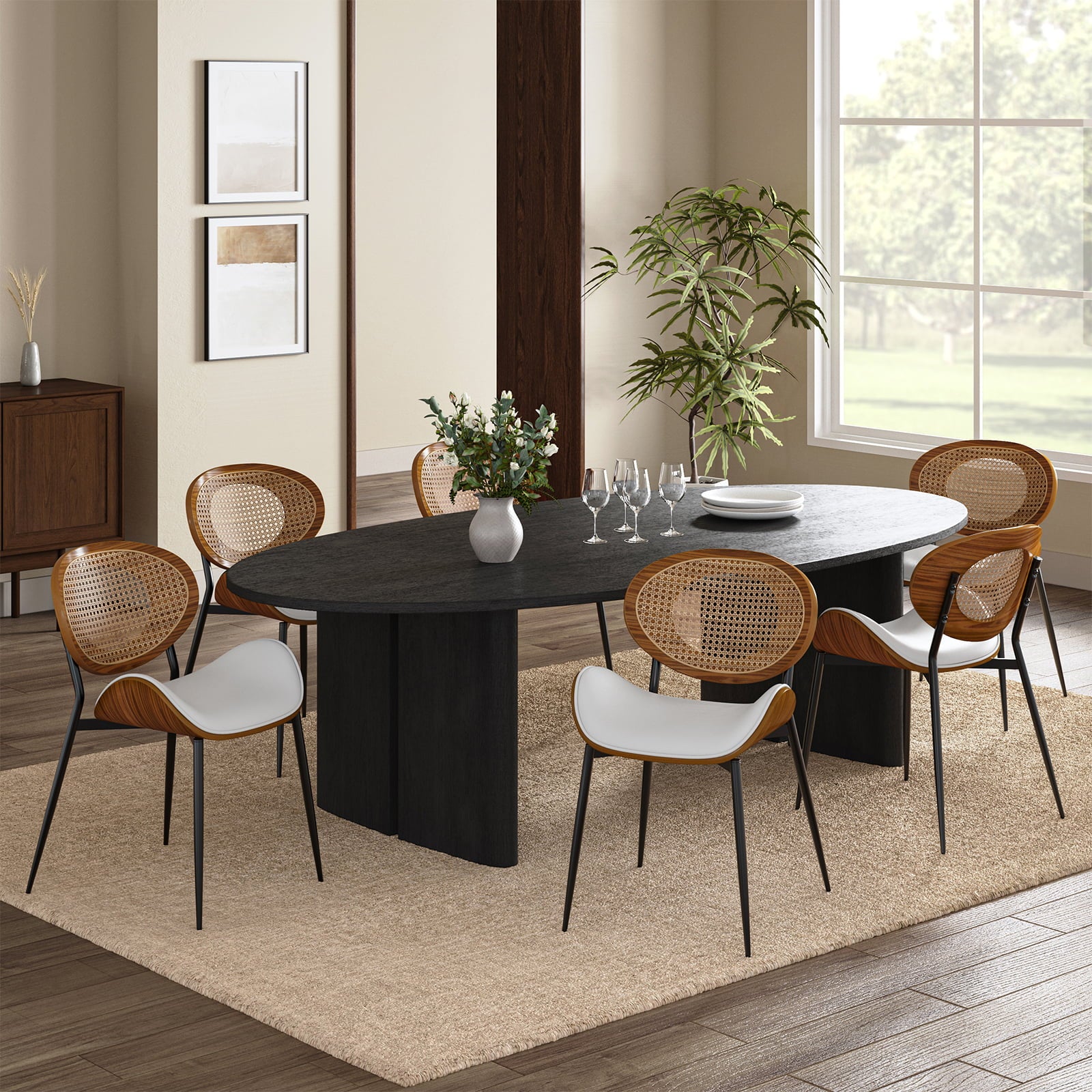 Flora Curved Wood Rattan Backrest Dining Chair - HULALA HOME