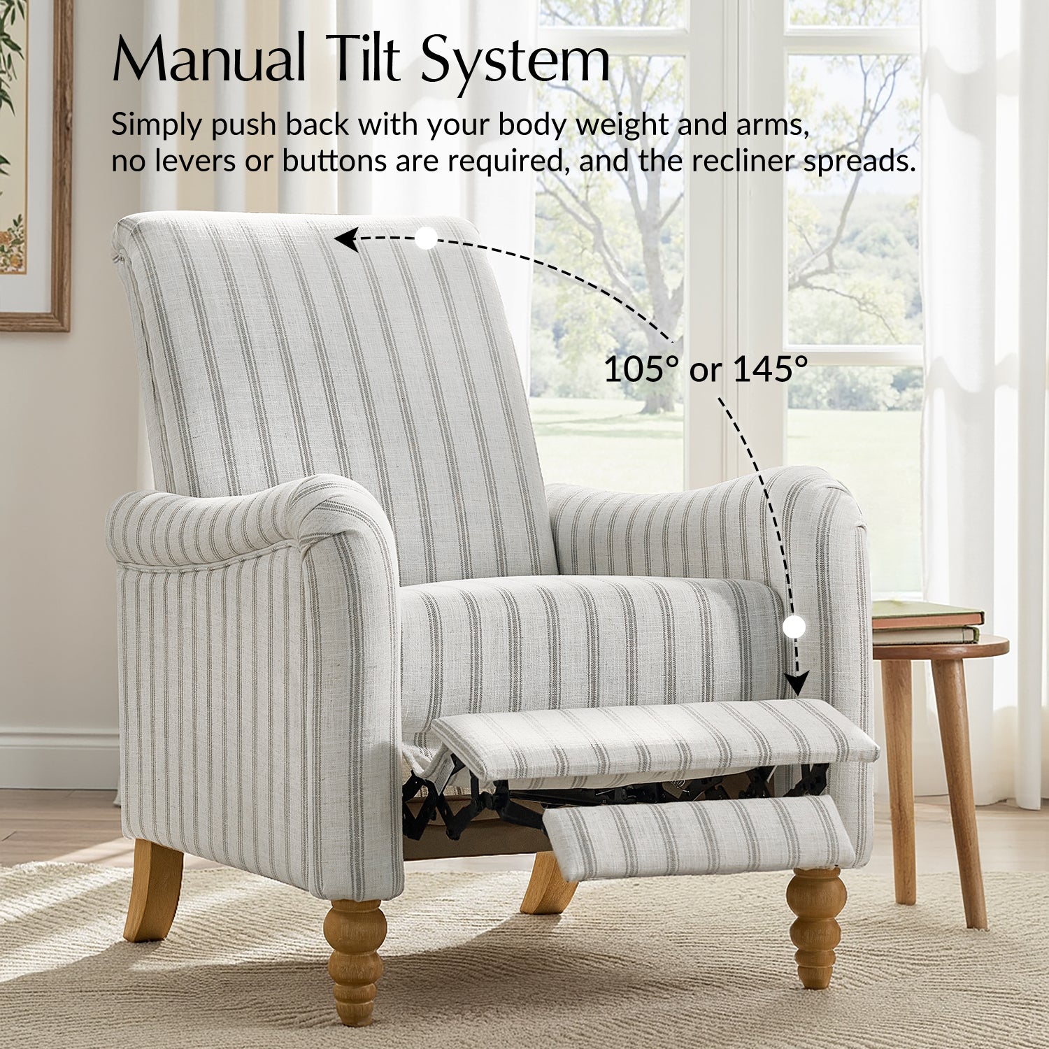 4-Piece Striped Farmhouse Living Room Set (Sofa, Loveseat, Recliner & Lift-Top Coffee Table