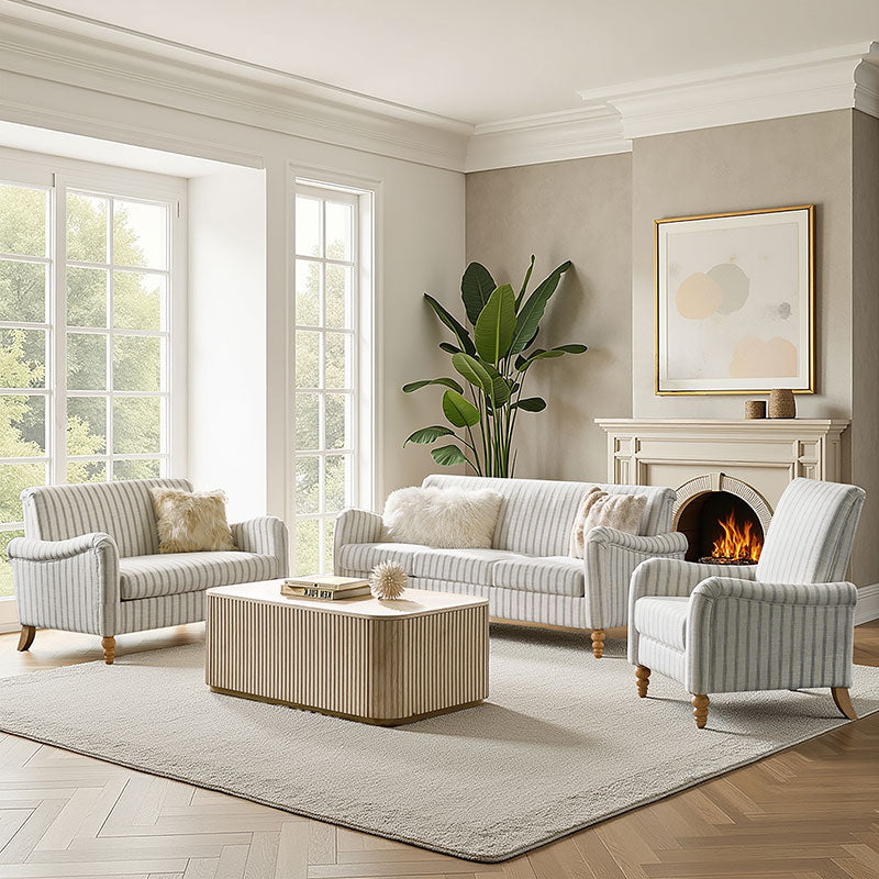 4-Piece Striped Farmhouse Living Room Set (Sofa, Loveseat, Recliner & Lift-Top Coffee Table