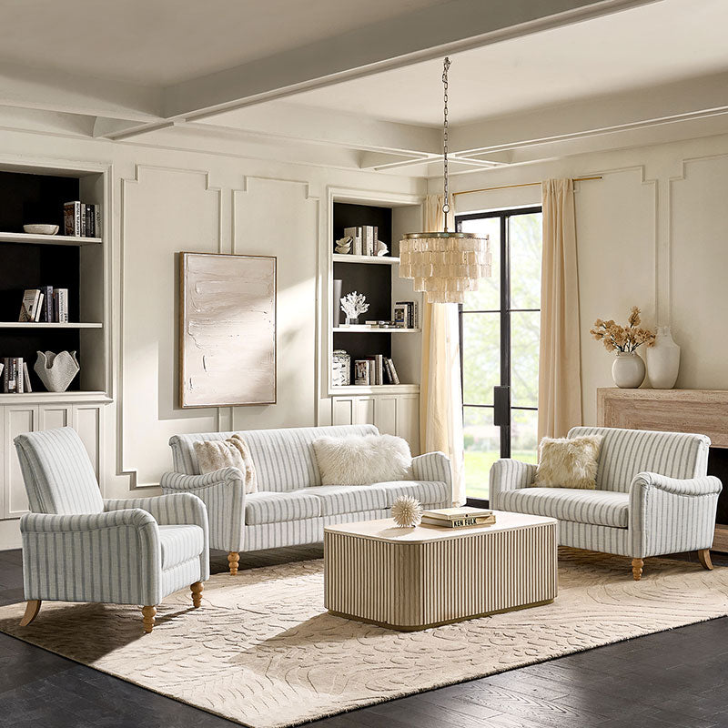 4-Piece Striped Farmhouse Living Room Set (Sofa, Loveseat, Recliner & Lift-Top Coffee Table