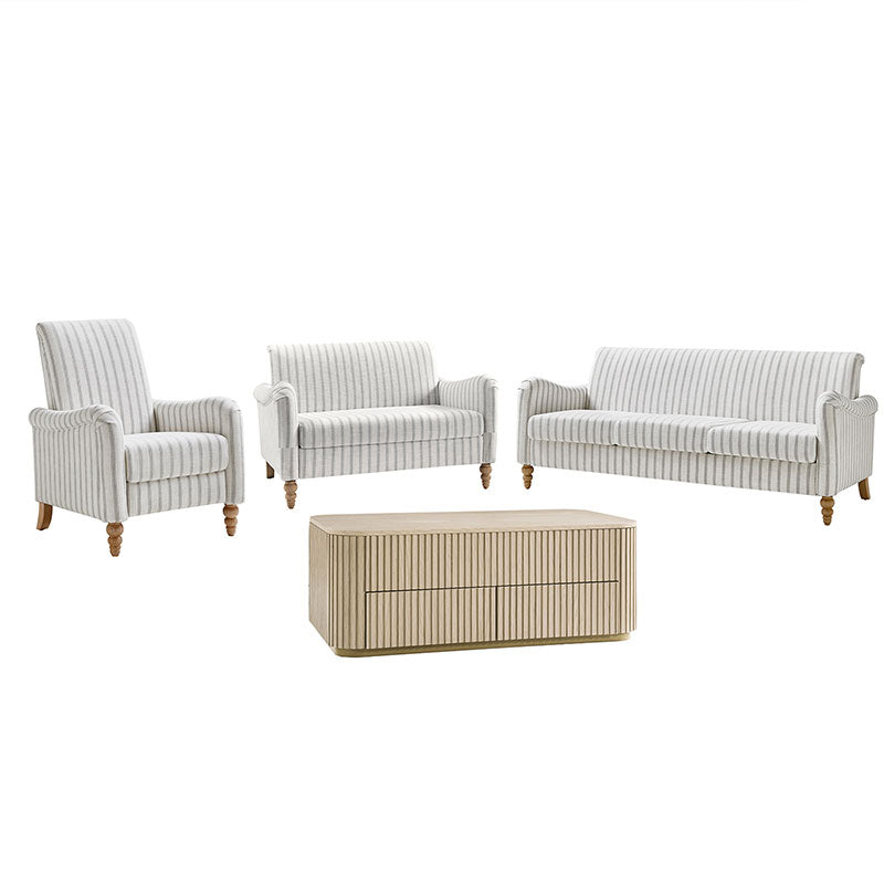 4-Piece Striped Farmhouse Living Room Set (Sofa, Loveseat, Recliner & Lift-Top Coffee Table