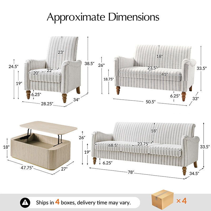 4-Piece Striped Farmhouse Living Room Set (Sofa, Loveseat, Recliner & Lift-Top Coffee Table
