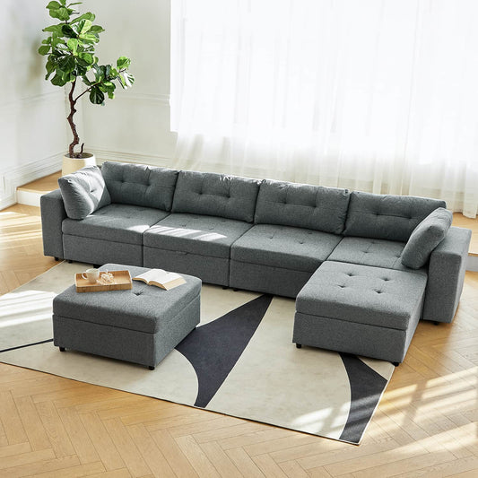 Raquel Sectional Four-Seat Storage Wide Armrests Sofa With Two Ottomans