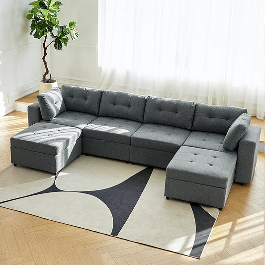 Raquel Sectional Four-Seat Storage Wide Armrests Sofa With Two Ottomans