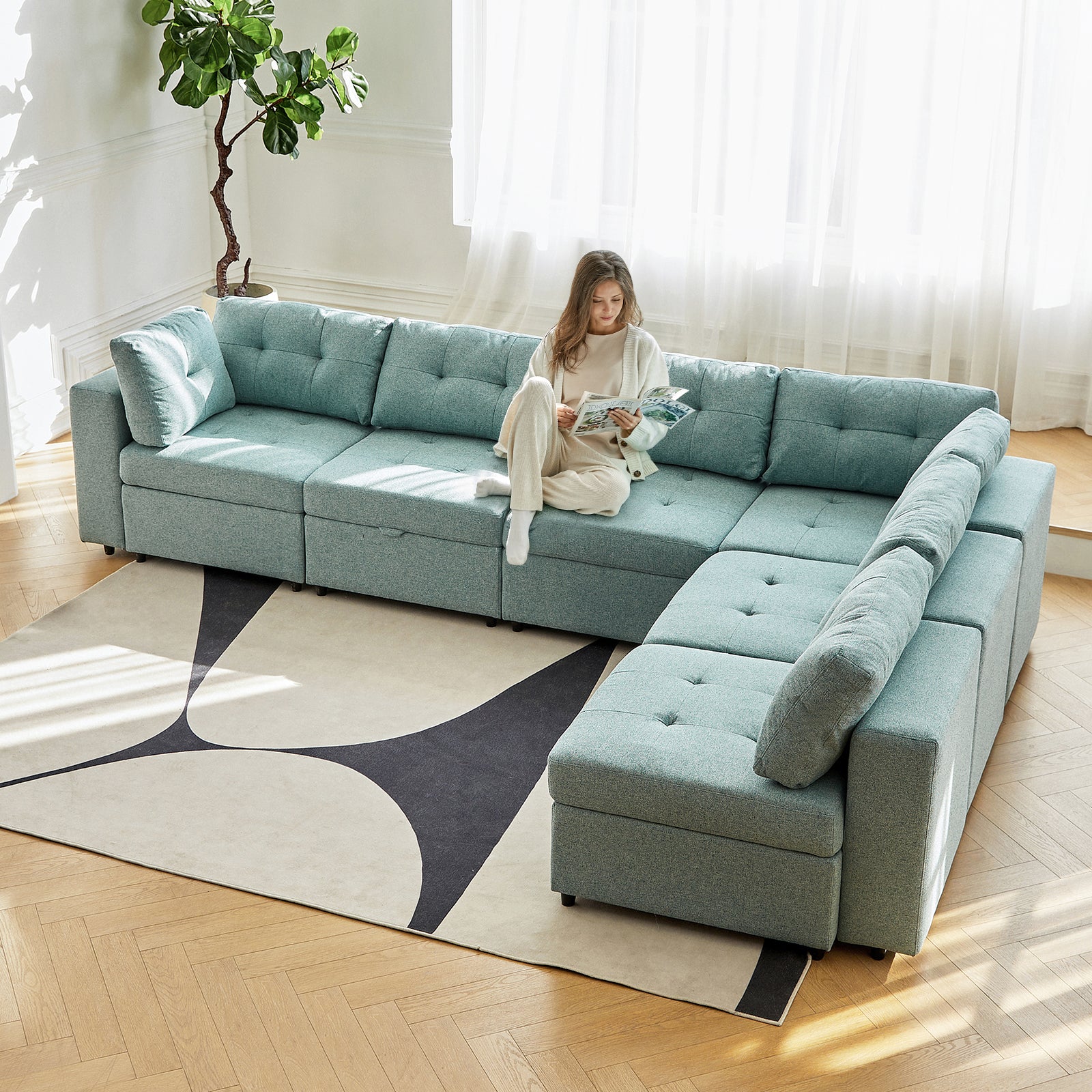 Raquel Sectional Six-Seat Storage Full Armrests Sofa