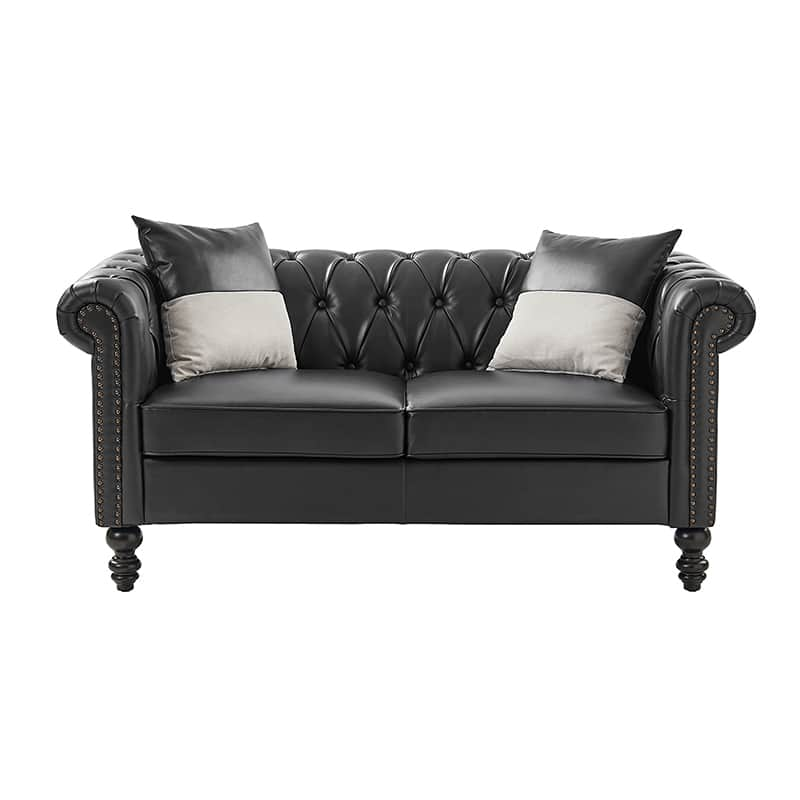 Olga PU Leather Classic Rolled Arms Sofa with Two Throw Pillows