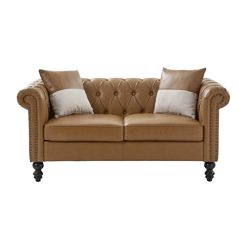 Olga PU Leather Classic Rolled Arms Sofa with Two Throw Pillows