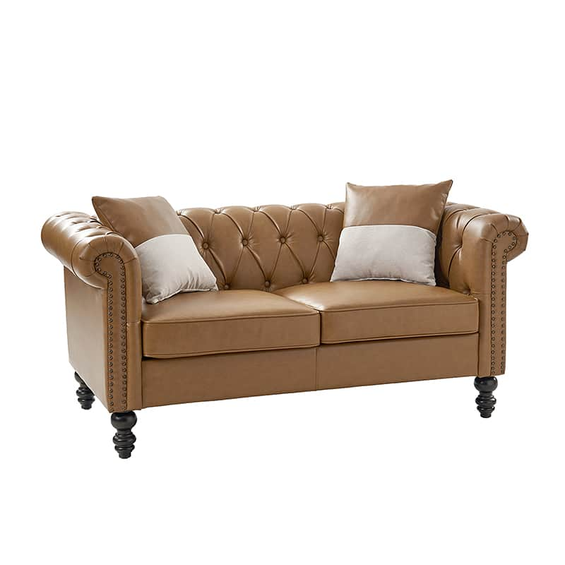 Olga PU Leather Classic Rolled Arms Sofa with Two Throw Pillows